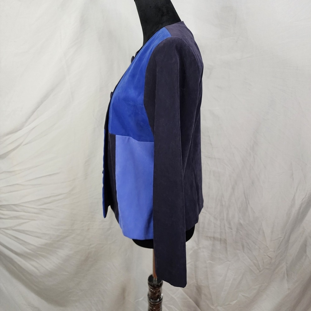Vintage LESLIE FAY Size 8 Blue Colorblock 2pc Micro Suede Skirt Suit Collarless - Picture 5 of 14